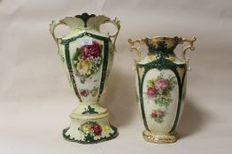 TWO VICTORIAN STYLE TWIN HANDLED ROSE PATTERN VASES, TALLEST H 42 CM