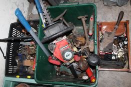 A SELECTION OF TOOLS AND PARTS ETC TO INC A MITSUBISHI HEDGE TRIMMER, DOOR HANDLES ETC