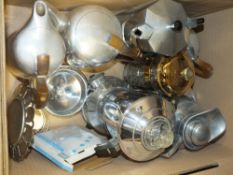 A BOX OF METALWARE TO INCLUDE TEA AND COFFEE POTS