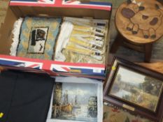 A TRAY OF HOUSEHOLD SUNDRIES TO INCLUDE CHOPSTICKS, LINEN AND A CHILD STOOL ETC