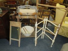 A VINTAGE ACME MANGLE WITH STAND, TOGETHER WITH AN ENAMEL BASIN, TONGS, SCRUB BOARD AND TWO