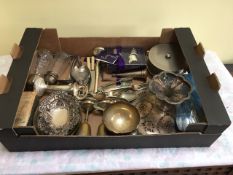 A BOX OF MOSTLY SILVER PLATED METALWARE TO INCLUDE A HALLMARKED SILVER BONBON DISH, SILVER PLATED