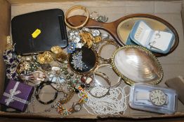 A BOX OF COSTUME JEWELLERY, WATCHES ETC