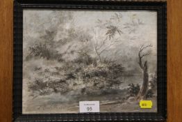 AN ANTIQUE FRAMED AND GLAZED WATERCOLOUR OF A WOODED LANDSCAPE SIGNED LOWER LEFT L. BERTELLI 1861, H