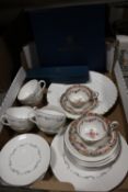 A BOX OF ASSORTED CHINA TO INCLUDE VINTAGE ROYAL AYNSLEY CUPS AND SAUCERS, ROYAL DOULTON CORONET,