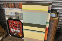 A COLLECTION OF ASSORTED PRINTS TO INCLUDE MODERN CANVAS EXAMPLES TOGETHER WITH AN UNFRAMED OIL ON