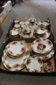TWO TRAYS OF ROYAL ALBERT OLD COUNTRY ROSES CHINA TO INCLUDE TEA AND COFFEE POTS, CUPS AND