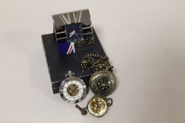 A MODERN SKELETON POCKET WATCH TOGETHER WITH A MODERN FULL HUNTER FIREFIGHTER POCKET WATCH AND A