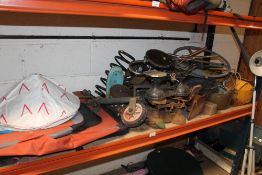 A QUANTITY OF METALWARE ETC, TO INCLUDE SCALES, JOCKEY WHEEL, TOOL BOX ETC