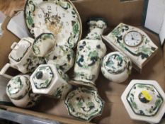 A COLLECTION OF MASONS CHARTREUSE CERAMICS TO INCLUDE A TEAPOT, CLOCKS, VASES ETC. (10 PIECES IN