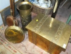 A BRASS COVERED COAL BOX, STICK STAND AND TWO WARMING PANS