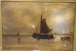 AN ANTIQUE GILT FRAMED OIL ON CANVAS OF A SHORELAND SCENE WITH MOORED BOAT AND FIGURES NOTE - SOME