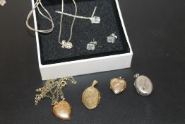 THREE ROLLED GOLD LOCKETS TOGETHER WITH A SILVER EXAMPLE PLUS A BOXED PANDORA STYLE NECKLACE,
