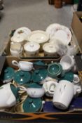 TWO TRAYS OF ASSORTED CERAMICS TO INCLUDE DENBY GREEN WHEAT, ROYAL ALBERT ROMANCE PLATES