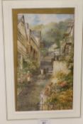 A GILT FRAMED AND GLAZED WATERCOLOUR OF CLOVELLY HIGH STREET BY EDWARD WILLIAM TRICK, H 30 CM BY W