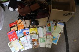 A SMALL BOX OF ORDNANCE SURVEY MAPS TOGETHER WITH A BOX OF VINTAGE CAMERA CASES