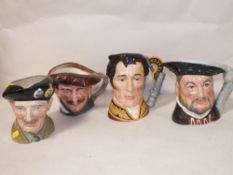 FOUR ROYAL DOULTON LARGE CHARACTER JUGS TO INCLUDE KING HENRY VIII AND THE DUKE OF WELLINGTON