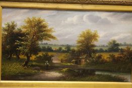 AN ANTIQUE GILT FRAMED OIL ON CANVAS OF A COUNTRY RIVER LANDSCAPE WITH FIGURES AND COTTAGE SIGNED