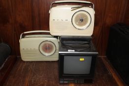 TWO RETRO BUSH RADIOS TOGETHER WITH A VINTAGE PHILIPS PORTABLE TELEVISION