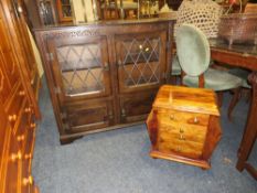 A LEADED BOOKCASE TOGETHER WITH A HARDWOOD CHEST/RACK AND CONTENTS