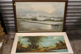 TWO VINTAGE OIL ON CANVAS OF A CRASHING WAVES AND A COUNTRY SCENE