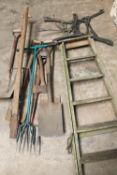 A SET OF VINTAGE WOODEN LADDERS, A PAIR OF BENCH ENDS AND A SELECTION OF GARDEN TOOLS