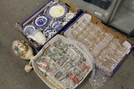 TWO TRAYS OF GLASSWARE TOGETHER WITH A BOX OF BLUE AND WHITE CERAMICS AND A HAND PAINTED LIDDED
