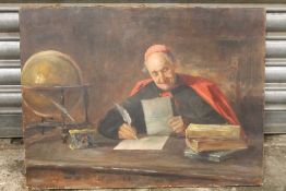 (XIX). Interior scene with Cardinal at his desk writing a letter, unsigned, oil on canvas, unframed,