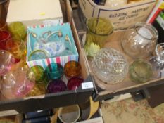 TWO BOXES OF GLASSWARE TO INCLUDE COLOURED GLASS EXAMPLES, CUT GLASS ATOMIZERS ETC