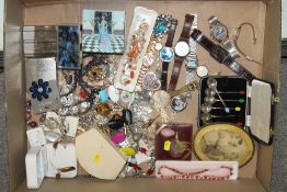 A LARGE BOX OF COSTUME JEWELLERY AND WRIST WATCHES