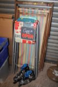 TWO VINTAGE FOLDABLE CHAIRS, TWO FOLD UP STOOLS, AN ARCHED MIRROR AND A PAIR OF ROLLER BLADES