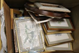 A BOX OF PICTURE FRAMES AND PRINTS ETC