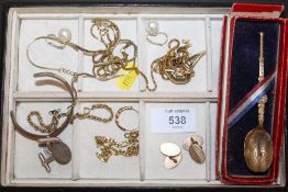 A BOX OF COLLECTABLES AND COSTUME JEWELLERY TO INCLUDE A PAIR OF ROLLED GOLD CUFFLINKS, ANOINTING
