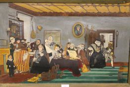 A GILT FRAMED OIL ON CANVAS OF A INTERIOR SCENE, DAMAGE TO CANVAS UPPER LEFT H 40 CM BY W 65 CM