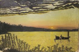 AN UNFRAMED OIL ON CANVAS OF A FISHERMAN ON A LAKE AT DAWN SIGNED R ELLIOTT 21/7/67