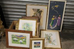 A BOX OF PICTURES AND PRINTS TO INCLUDE FLORAL WATERCOLOURS