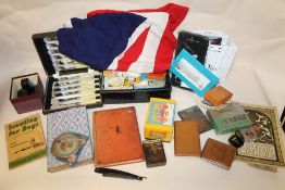 A BOX OF COLLECTABLES TO INCLUDE A UNION JACK FLAG, VINTAGE FIRST AID KIT, CIGARETTE CASES ETC.