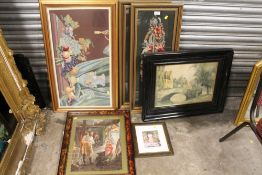 THREE FRAMED AND GLAZED CROSS STITCH PICTURES TOGETHER WITH TWO PRINTS