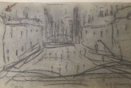 AN UNFRAMED PENCIL SKETCH IN THE STYLE OF LOWRY H 12 CM X W 22 CM