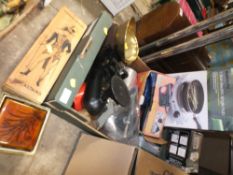 A TRAY OF HOUSEHOLD SUNDRIES TO INCLUDE AN ELECTRIC SINGLE HOB, VINTAGE SCALES ORIENTAL BOXES ETC