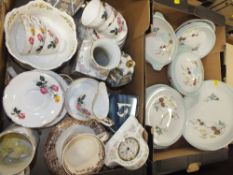 TWO TRAYS OF ASSORTED CHINA AND CERAMICS TO INCLUDE ROSE PATTERN CHINA, ALFRED MEAKIN GLOW WHITE