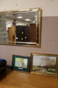 A MODERN GILT FRAMED BEVELLED MIRROR A/F TOGETHER WITH AN OIL PAINTING AND ANOTHER PICTURE (3)