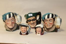 THREE LARGE ROYAL DOULTON CHARACTER JUGS - DICK TURPIN, THE FALCONER (2) TOGETHER WITH TWO SMALLER