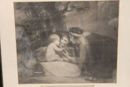 A FRAMED AND GLAZED ANTIQUE SHAKESPEARE ENGRAVING ' NURSED BY TRAGEDY AND COMEDY' OVERALL H 38.5