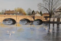 A FRAMED AND GLAZED ACRYLIC OF THE BOATHOUSE AND TRAMWAY BRIDGE IN STRATFORD UPON AVON BY BRIAN