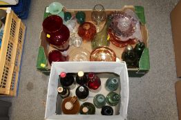 TWO BOXES OF VINTAGE GLASS BOTTLES AND STUDIO GLASS WARE ETC.