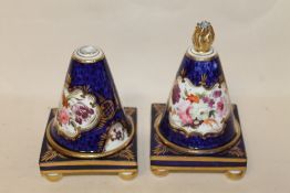 A PAIR OF UNMARKED ROYAL WORCESTER CHAMBERLAIN STYLE PASTILLE BURNERS, ON MISSING TOP