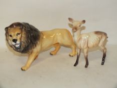 A BESWICK GLOSS FINISH LION FIGURE TOGETHER WITH A BESWICK FAWN (2)