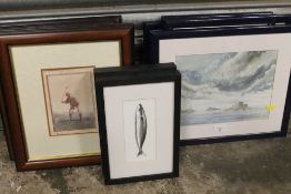 A SET OF FOUR WATERCOLOUR SEASCAPES TOGETHER WITH A SET OF FOUR NOVELTY GOLFING PRINTS AND TWO