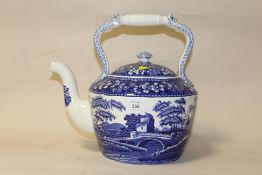 A BLUE AND WHITE TOWER PATTERN SPODE OVERSIZED TEA POT, H 30 CM DAMAGE TO SPOUT